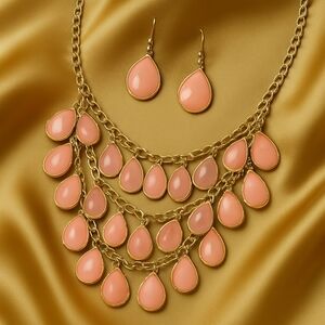 Peach Teardrop Bib Necklace & Earring Set – Gold-Tone Statement Women's Jewelry